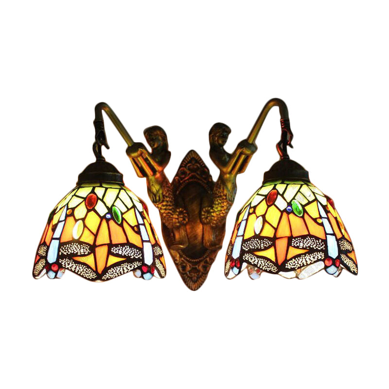 Dragonfly Wall Light Fixture 2 Heads Orange Glass Baroque Sconce Light with/No Switch Clearhalo 'Industrial' 'Middle century wall lights' 'Tiffany wall lights' 'Tiffany' 'Wall Lamps & Sconces' 'Wall Lights' Lighting' 180088