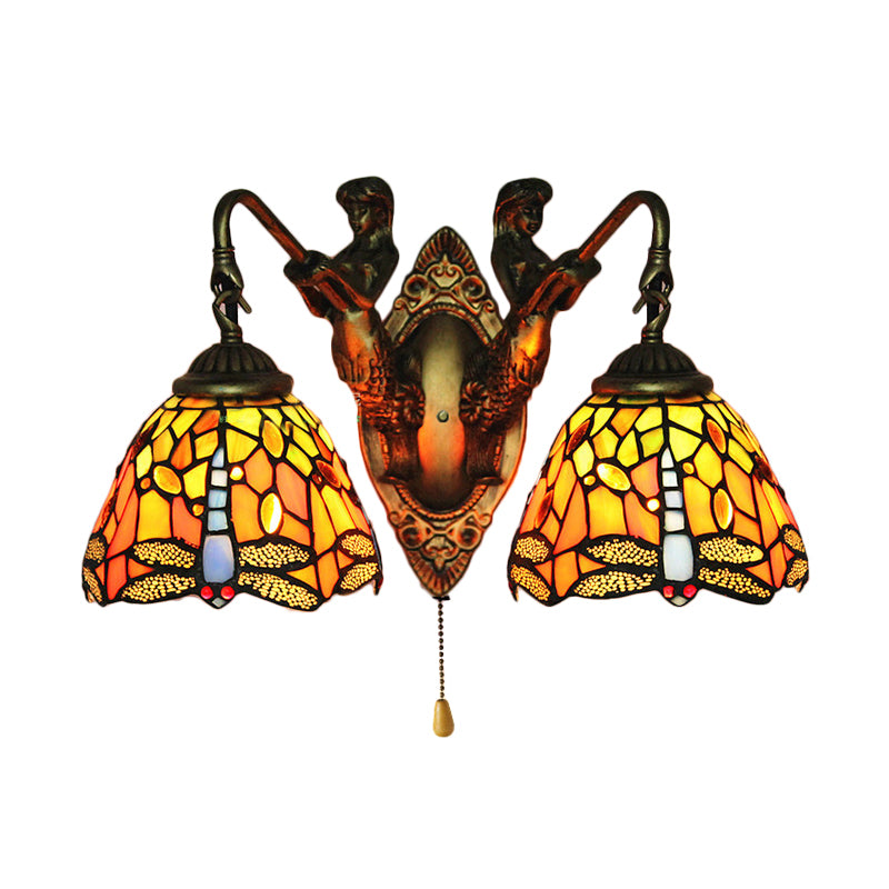 Dragonfly Wall Light Fixture 2 Heads Orange Glass Baroque Sconce Light with/No Switch Orange with Switch Clearhalo 'Industrial' 'Middle century wall lights' 'Tiffany wall lights' 'Tiffany' 'Wall Lamps & Sconces' 'Wall Lights' Lighting' 180091