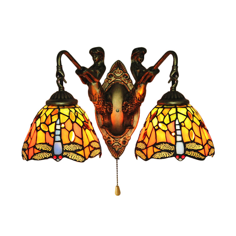 Dragonfly Wall Light Fixture 2 Heads Orange Glass Baroque Sconce Light with/No Switch Orange with Switch Clearhalo 'Industrial' 'Middle century wall lights' 'Tiffany wall lights' 'Tiffany' 'Wall Lamps & Sconces' 'Wall Lights' Lighting' 180091