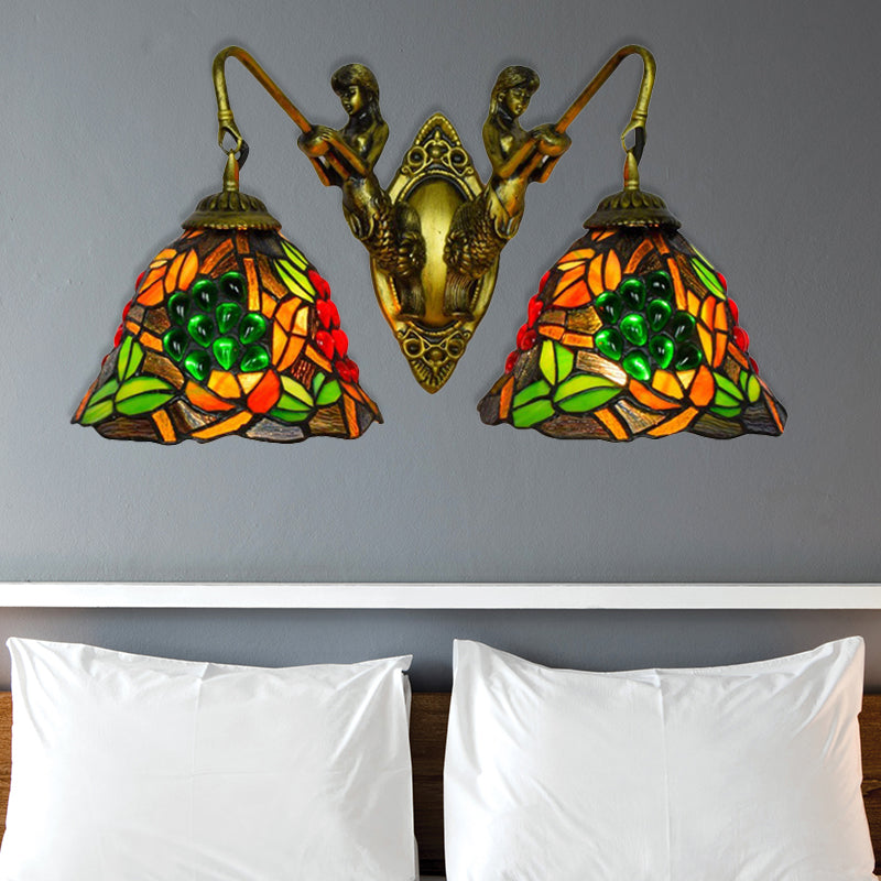 Bell Sconce Light Fixture Tiffany Red-Yellow-Green Glass 2 Heads Bedroom Wall Mount Light Clearhalo 'Industrial' 'Middle century wall lights' 'Tiffany wall lights' 'Tiffany' 'Wall Lamps & Sconces' 'Wall Lights' Lighting' 180094