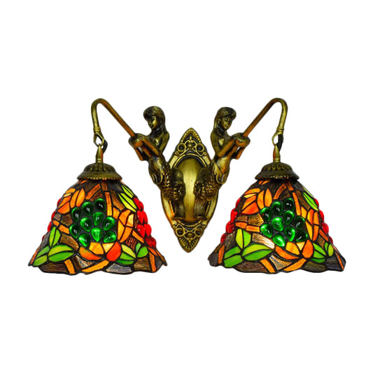 Bell Sconce Light Fixture Tiffany Red-Yellow-Green Glass 2 Heads Bedroom Wall Mount Light Clearhalo 'Industrial' 'Middle century wall lights' 'Tiffany wall lights' 'Tiffany' 'Wall Lamps & Sconces' 'Wall Lights' Lighting' 180095
