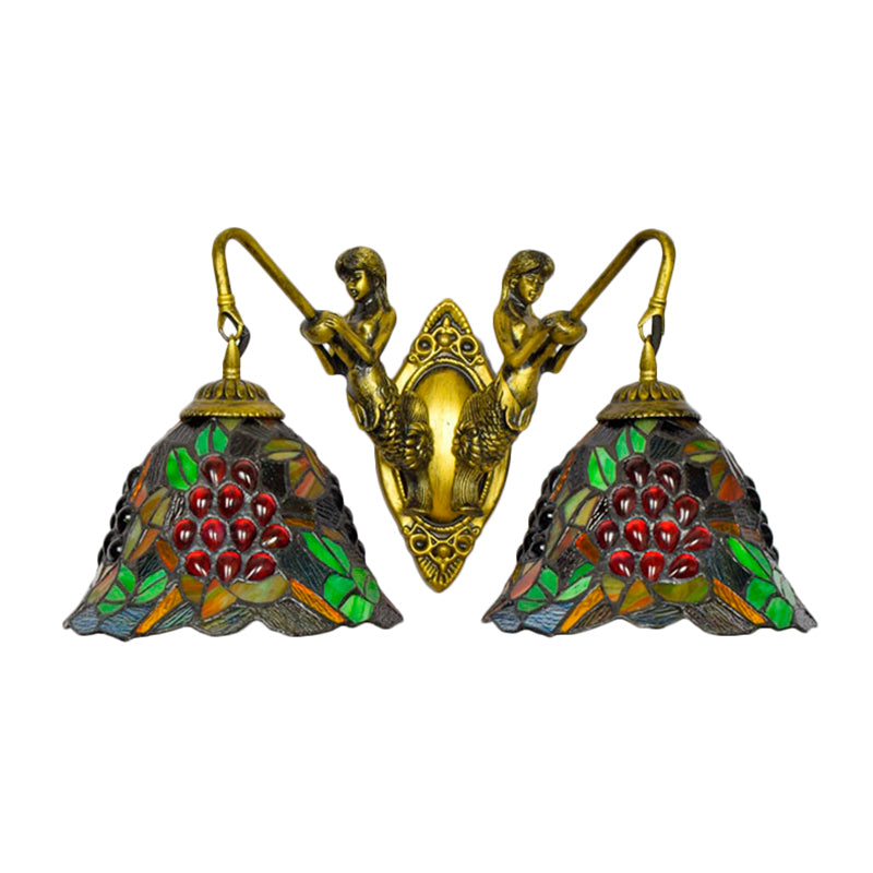 Bell Sconce Light Fixture Tiffany Red-Yellow-Green Glass 2 Heads Bedroom Wall Mount Light Clearhalo 'Industrial' 'Middle century wall lights' 'Tiffany wall lights' 'Tiffany' 'Wall Lamps & Sconces' 'Wall Lights' Lighting' 180097
