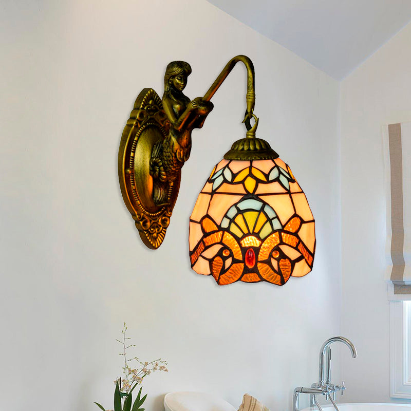 Brass Dome Sconce Light Tiffany 1 Head Multicolor Stained Glass Wall Mounted Light Brass Clearhalo 'Industrial' 'Middle century wall lights' 'Tiffany wall lights' 'Tiffany' 'Wall Lamps & Sconces' 'Wall Lights' Lighting' 180121