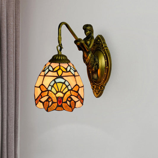 Brass Dome Sconce Light Tiffany 1 Head Multicolor Stained Glass Wall Mounted Light Clearhalo 'Industrial' 'Middle century wall lights' 'Tiffany wall lights' 'Tiffany' 'Wall Lamps & Sconces' 'Wall Lights' Lighting' 180122
