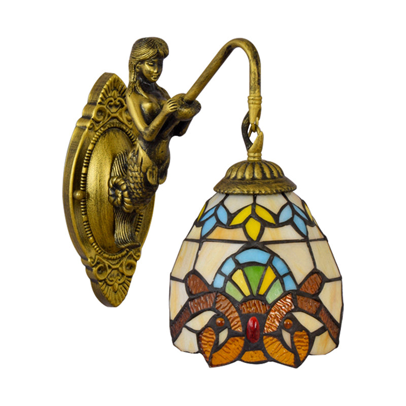Brass Dome Sconce Light Tiffany 1 Head Multicolor Stained Glass Wall Mounted Light Clearhalo 'Industrial' 'Middle century wall lights' 'Tiffany wall lights' 'Tiffany' 'Wall Lamps & Sconces' 'Wall Lights' Lighting' 180124