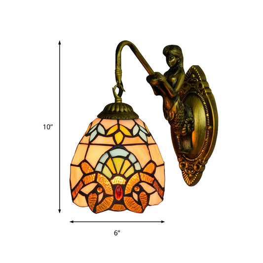 Brass Dome Sconce Light Tiffany 1 Head Multicolor Stained Glass Wall Mounted Light Clearhalo 'Industrial' 'Middle century wall lights' 'Tiffany wall lights' 'Tiffany' 'Wall Lamps & Sconces' 'Wall Lights' Lighting' 180125