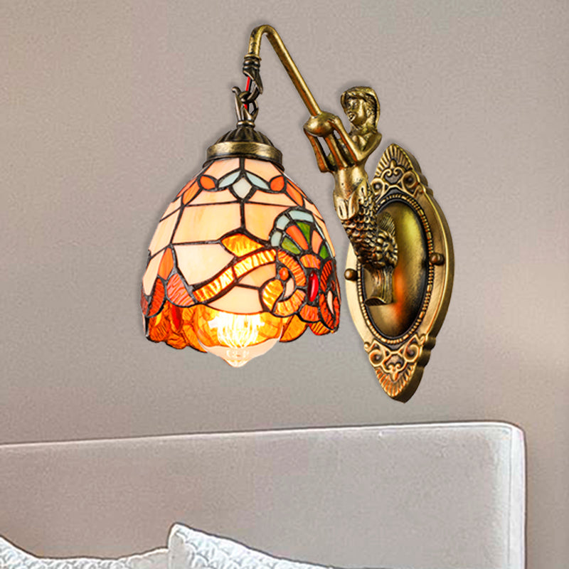 Vintage Dome Sconce Light 5.5" Width 1 Light Stained Glass Sconce Light Fixture with Mermaid Design Clearhalo 'Industrial' 'Middle century wall lights' 'Tiffany wall lights' 'Tiffany' 'Wall Lamps & Sconces' 'Wall Lights' Lighting' 180148
