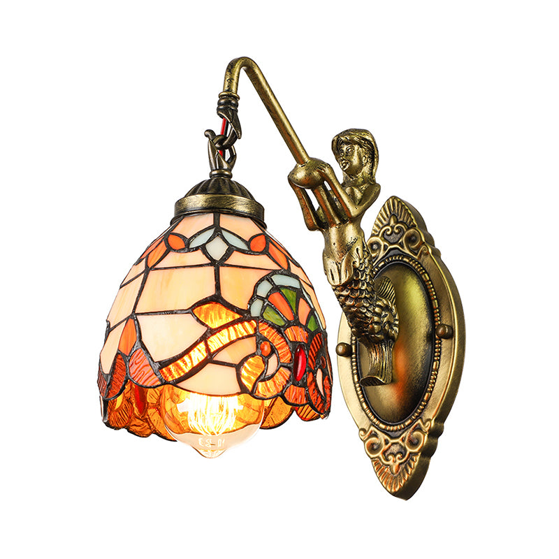 Vintage Dome Sconce Light 5.5" Width 1 Light Stained Glass Sconce Light Fixture with Mermaid Design Clearhalo 'Industrial' 'Middle century wall lights' 'Tiffany wall lights' 'Tiffany' 'Wall Lamps & Sconces' 'Wall Lights' Lighting' 180149