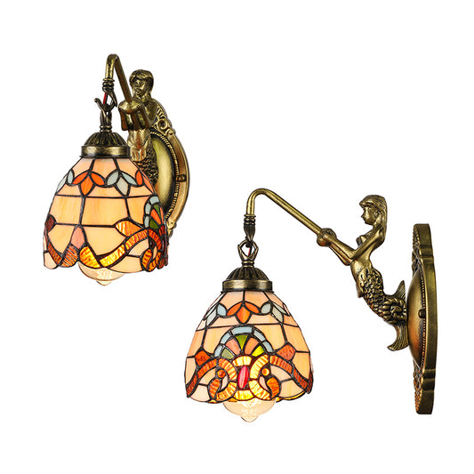 Vintage Dome Sconce Light 5.5" Width 1 Light Stained Glass Sconce Light Fixture with Mermaid Design Clearhalo 'Industrial' 'Middle century wall lights' 'Tiffany wall lights' 'Tiffany' 'Wall Lamps & Sconces' 'Wall Lights' Lighting' 180150