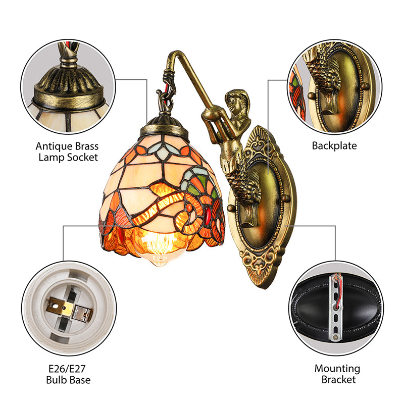 Vintage Dome Sconce Light 5.5" Width 1 Light Stained Glass Sconce Light Fixture with Mermaid Design Clearhalo 'Industrial' 'Middle century wall lights' 'Tiffany wall lights' 'Tiffany' 'Wall Lamps & Sconces' 'Wall Lights' Lighting' 180153