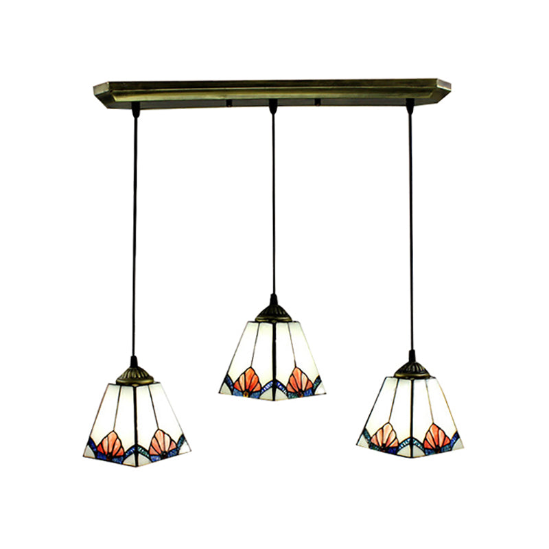 White Pyramid Cluster Pendant Industrial 3 Bulbs Stained Art Glass Ceiling Hang Fixture for Living Room Clearhalo 'Ceiling Lights' 'Industrial Pendants' 'Industrial' 'Middle Century Pendants' 'Pendant Lights' 'Pendants' 'Tiffany' Lighting' 180156