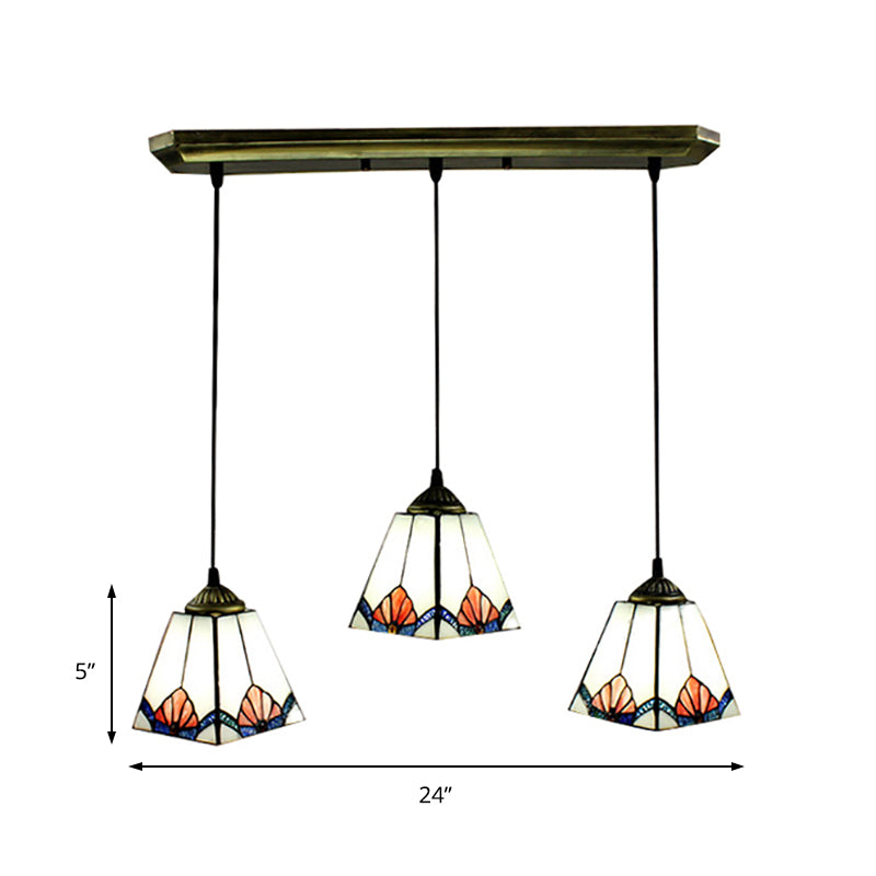 White Pyramid Cluster Pendant Industrial 3 Bulbs Stained Art Glass Ceiling Hang Fixture for Living Room Clearhalo 'Ceiling Lights' 'Industrial Pendants' 'Industrial' 'Middle Century Pendants' 'Pendant Lights' 'Pendants' 'Tiffany' Lighting' 180158