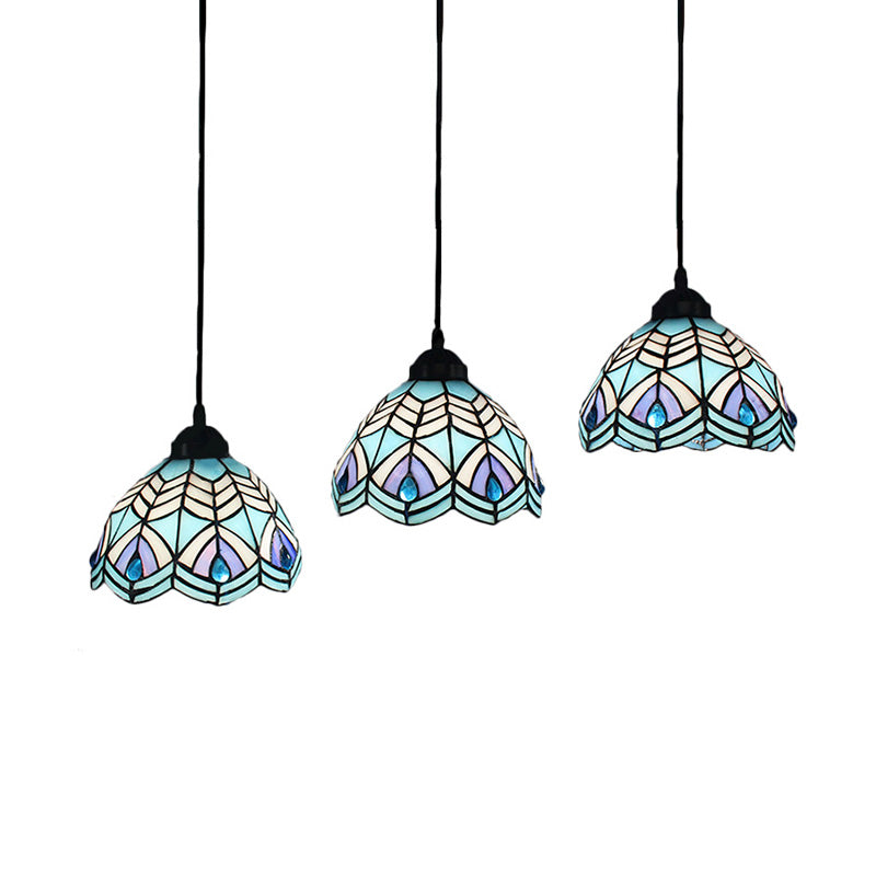 Hemisphere Cluster Pendant Light 3 Heads Blue Hand Cut Glass Mediterranean Suspended Lighting Fixture with Round/Linear Canopy Clearhalo 'Ceiling Lights' 'Industrial' 'Middle Century Pendants' 'Pendant Lights' 'Pendants' 'Tiffany close to ceiling' 'Tiffany Pendants' 'Tiffany' Lighting' 180162