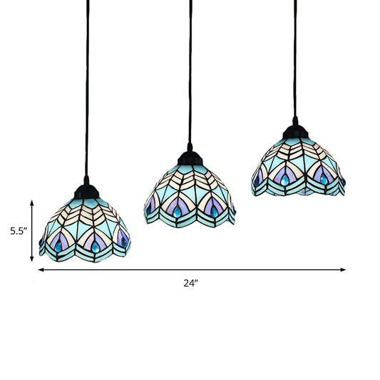 Hemisphere Cluster Pendant Light 3 Heads Blue Hand Cut Glass Mediterranean Suspended Lighting Fixture with Round/Linear Canopy Clearhalo 'Ceiling Lights' 'Industrial' 'Middle Century Pendants' 'Pendant Lights' 'Pendants' 'Tiffany close to ceiling' 'Tiffany Pendants' 'Tiffany' Lighting' 180163