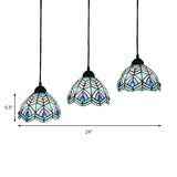 Hemisphere Cluster Pendant Light 3 Heads Blue Hand Cut Glass Mediterranean Suspended Lighting Fixture with Round/Linear Canopy Clearhalo 'Ceiling Lights' 'Industrial' 'Middle Century Pendants' 'Pendant Lights' 'Pendants' 'Tiffany close to ceiling' 'Tiffany Pendants' 'Tiffany' Lighting' 180163