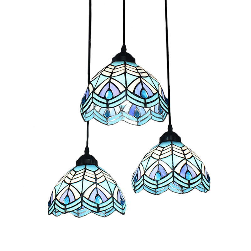 Hemisphere Cluster Pendant Light 3 Heads Blue Hand Cut Glass Mediterranean Suspended Lighting Fixture with Round/Linear Canopy Clearhalo 'Ceiling Lights' 'Industrial' 'Middle Century Pendants' 'Pendant Lights' 'Pendants' 'Tiffany close to ceiling' 'Tiffany Pendants' 'Tiffany' Lighting' 180166