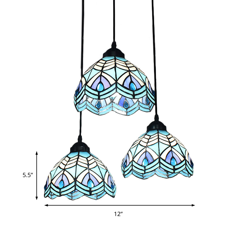 Hemisphere Cluster Pendant Light 3 Heads Blue Hand Cut Glass Mediterranean Suspended Lighting Fixture with Round/Linear Canopy Clearhalo 'Ceiling Lights' 'Industrial' 'Middle Century Pendants' 'Pendant Lights' 'Pendants' 'Tiffany close to ceiling' 'Tiffany Pendants' 'Tiffany' Lighting' 180167