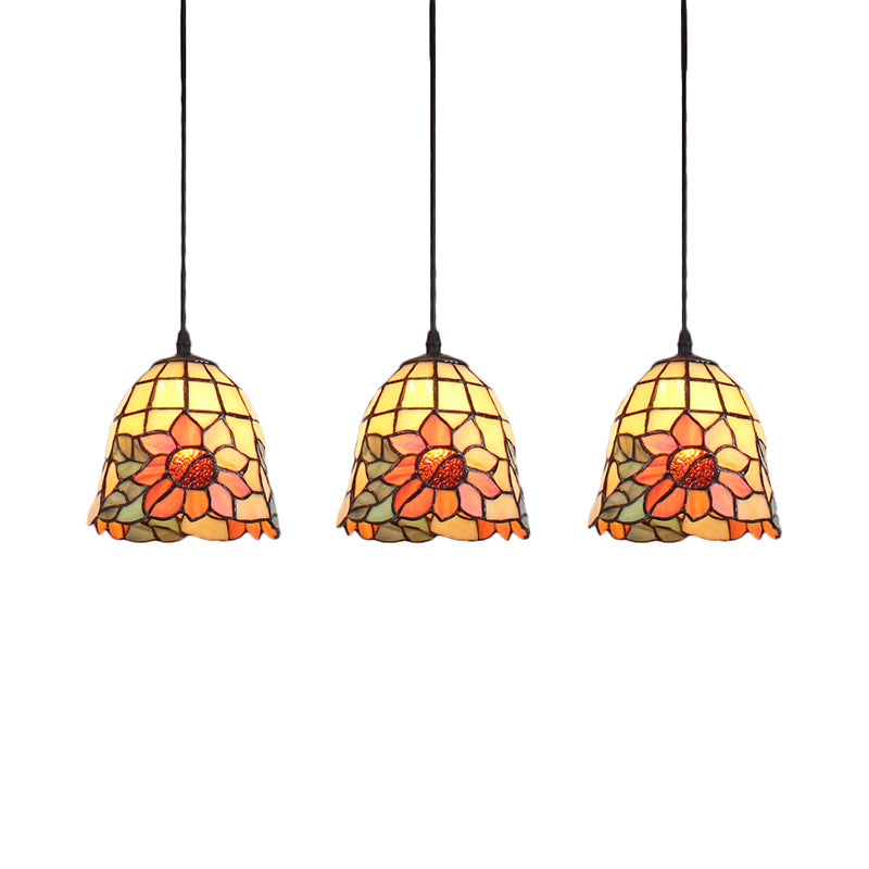 3 Heads Cluster Pendant Light Tiffany Bell Orange Handcrafted Art Glass Suspension Lighting with Linear/Round Canopy Clearhalo 'Ceiling Lights' 'Chandeliers' 'Industrial' 'Middle Century Pendants' 'Pendant Lights' 'Pendants' 'Tiffany close to ceiling' 'Tiffany Pendants' 'Tiffany' Lighting' 180171