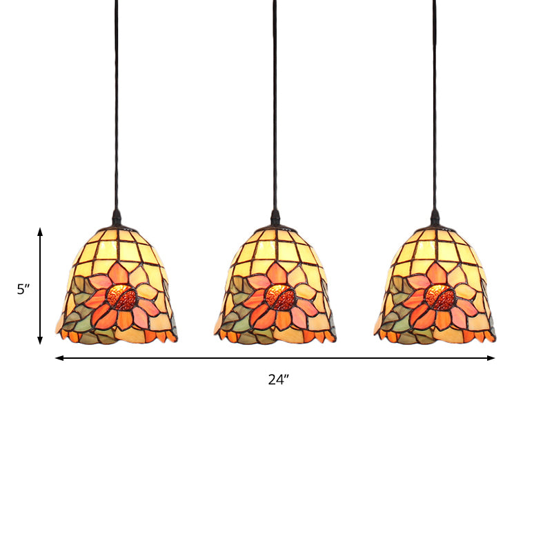 3 Heads Cluster Pendant Light Tiffany Bell Orange Handcrafted Art Glass Suspension Lighting with Linear/Round Canopy Clearhalo 'Ceiling Lights' 'Chandeliers' 'Industrial' 'Middle Century Pendants' 'Pendant Lights' 'Pendants' 'Tiffany close to ceiling' 'Tiffany Pendants' 'Tiffany' Lighting' 180172