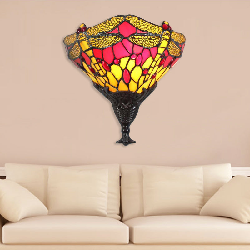 Multicolored Dragonfly Wall Lighting Lodge Stained Glass 1 Light Sconce Lamp for Bedroom Red-Yellow Clearhalo 'Industrial' 'Middle century wall lights' 'Tiffany wall lights' 'Tiffany' 'Wall Lamps & Sconces' 'Wall Lights' Lighting' 180176