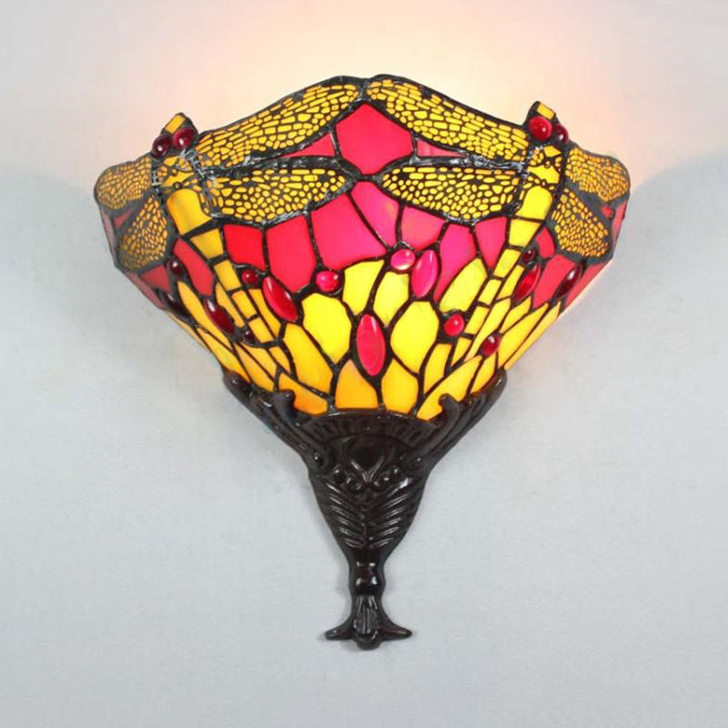 Multicolored Dragonfly Wall Lighting Lodge Stained Glass 1 Light Sconce Lamp for Bedroom Clearhalo 'Industrial' 'Middle century wall lights' 'Tiffany wall lights' 'Tiffany' 'Wall Lamps & Sconces' 'Wall Lights' Lighting' 180177
