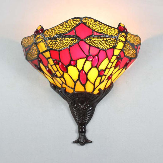 Multicolored Dragonfly Wall Lighting Lodge Stained Glass 1 Light Sconce Lamp for Bedroom Clearhalo 'Industrial' 'Middle century wall lights' 'Tiffany wall lights' 'Tiffany' 'Wall Lamps & Sconces' 'Wall Lights' Lighting' 180177