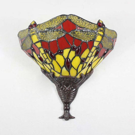 Multicolored Dragonfly Wall Lighting Lodge Stained Glass 1 Light Sconce Lamp for Bedroom Clearhalo 'Industrial' 'Middle century wall lights' 'Tiffany wall lights' 'Tiffany' 'Wall Lamps & Sconces' 'Wall Lights' Lighting' 180178