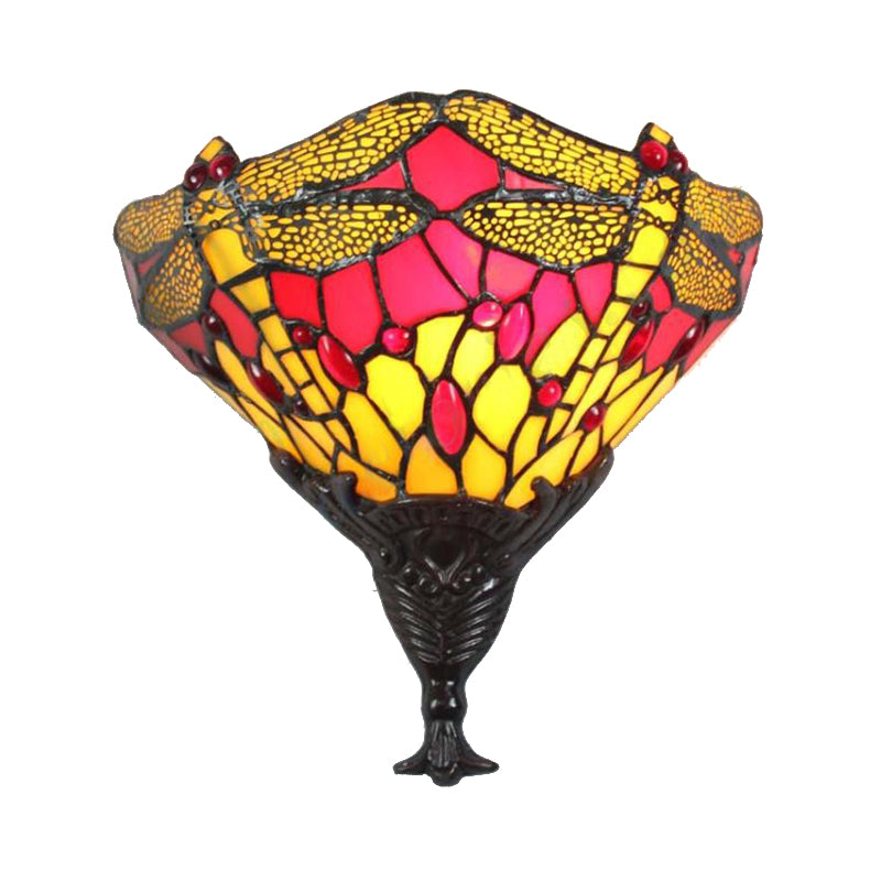 Multicolored Dragonfly Wall Lighting Lodge Stained Glass 1 Light Sconce Lamp for Bedroom Clearhalo 'Industrial' 'Middle century wall lights' 'Tiffany wall lights' 'Tiffany' 'Wall Lamps & Sconces' 'Wall Lights' Lighting' 180179