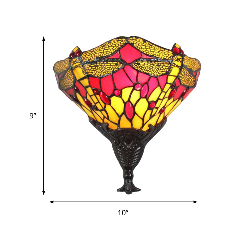 Multicolored Dragonfly Wall Lighting Lodge Stained Glass 1 Light Sconce Lamp for Bedroom Clearhalo 'Industrial' 'Middle century wall lights' 'Tiffany wall lights' 'Tiffany' 'Wall Lamps & Sconces' 'Wall Lights' Lighting' 180180