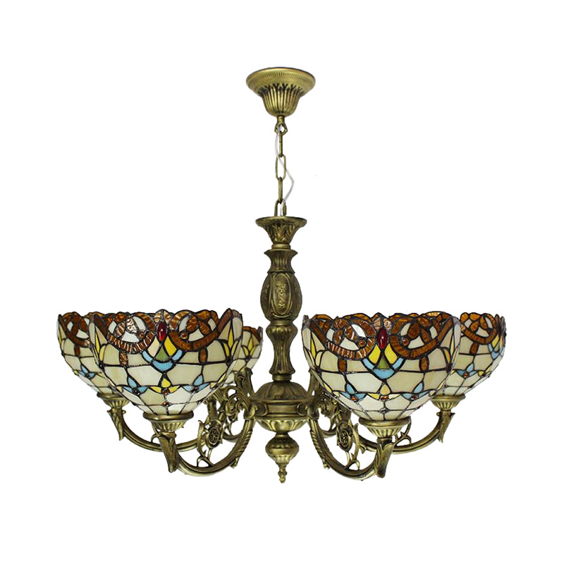 6 Lights Bell Chandelier Lighting with Baroque/Peacock Tail Design Vintage Stained Glass Pendant Lighting in Antique Bronze Clearhalo 'Ceiling Lights' 'Chandeliers' 'Close To Ceiling Lights' 'Industrial' 'Middle Century Chandeliers' 'Tiffany Chandeliers' 'Tiffany close to ceiling' 'Tiffany' Lighting' 180214
