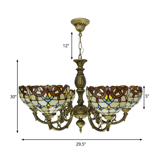 6 Lights Bell Chandelier Lighting with Baroque/Peacock Tail Design Vintage Stained Glass Pendant Lighting in Antique Bronze Clearhalo 'Ceiling Lights' 'Chandeliers' 'Close To Ceiling Lights' 'Industrial' 'Middle Century Chandeliers' 'Tiffany Chandeliers' 'Tiffany close to ceiling' 'Tiffany' Lighting' 180215