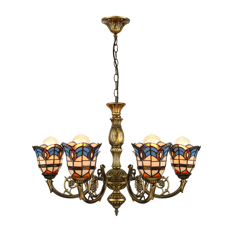 6 Lights Bell Chandelier Lighting with Baroque/Peacock Tail Design Vintage Stained Glass Pendant Lighting in Antique Bronze Clearhalo 'Ceiling Lights' 'Chandeliers' 'Close To Ceiling Lights' 'Industrial' 'Middle Century Chandeliers' 'Tiffany Chandeliers' 'Tiffany close to ceiling' 'Tiffany' Lighting' 180218