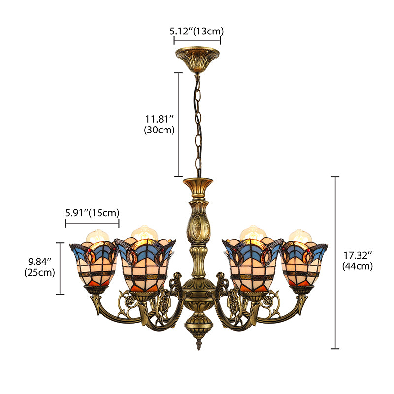 6 Lights Bell Chandelier Lighting with Baroque/Peacock Tail Design Vintage Stained Glass Pendant Lighting in Antique Bronze Clearhalo 'Ceiling Lights' 'Chandeliers' 'Close To Ceiling Lights' 'Industrial' 'Middle Century Chandeliers' 'Tiffany Chandeliers' 'Tiffany close to ceiling' 'Tiffany' Lighting' 180219