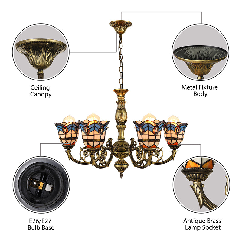 6 Lights Bell Chandelier Lighting with Baroque/Peacock Tail Design Vintage Stained Glass Pendant Lighting in Antique Bronze Clearhalo 'Ceiling Lights' 'Chandeliers' 'Close To Ceiling Lights' 'Industrial' 'Middle Century Chandeliers' 'Tiffany Chandeliers' 'Tiffany close to ceiling' 'Tiffany' Lighting' 180220