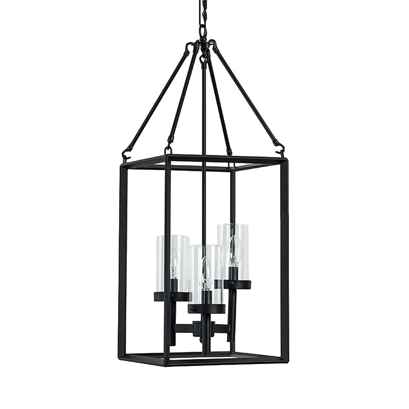 3 Lights Ceiling Light Fixture Vintage Candle Clear Glass Pendant Chandelier in Black with Metal Frame Clearhalo 'Ceiling Lights' 'Chandeliers' 'Close To Ceiling Lights' 'Glass shade' 'Glass' 'Industrial Chandeliers' 'Industrial' 'Middle Century Chandeliers' 'Tiffany' Lighting' 180224