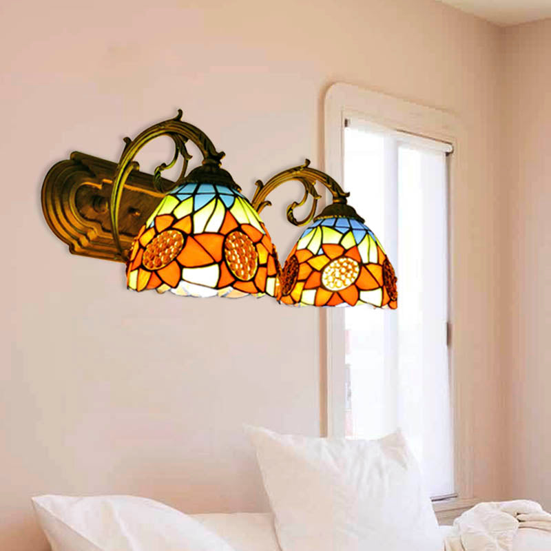Sunflower Wall Lighting with Stained Glass Bowl Shade 2 Lights Loft Sconce Light in Orange Orange Clearhalo 'Industrial' 'Middle century wall lights' 'Tiffany wall lights' 'Tiffany' 'Wall Lamps & Sconces' 'Wall Lights' Lighting' 180226