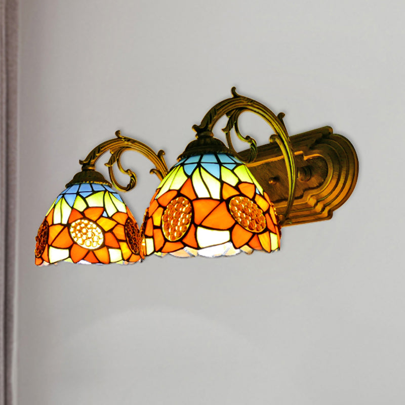 Sunflower Wall Lighting with Stained Glass Bowl Shade 2 Lights Loft Sconce Light in Orange Clearhalo 'Industrial' 'Middle century wall lights' 'Tiffany wall lights' 'Tiffany' 'Wall Lamps & Sconces' 'Wall Lights' Lighting' 180227