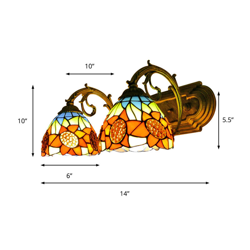 Sunflower Wall Lighting with Stained Glass Bowl Shade 2 Lights Loft Sconce Light in Orange Clearhalo 'Industrial' 'Middle century wall lights' 'Tiffany wall lights' 'Tiffany' 'Wall Lamps & Sconces' 'Wall Lights' Lighting' 180229