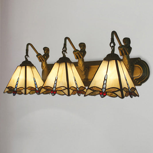 Tiffany Dragonfly Sconce Lighting 3 Heads Beige Glass Wall Mount Light with Mermaid Backplate Clearhalo 'Industrial' 'Middle century wall lights' 'Tiffany wall lights' 'Tiffany' 'Wall Lamps & Sconces' 'Wall Lights' Lighting' 180235