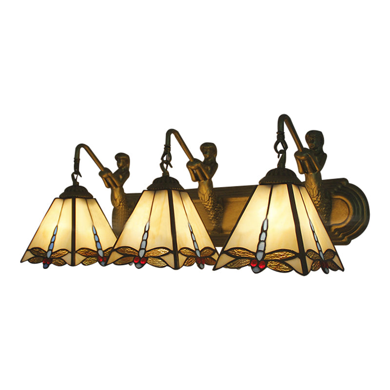 Tiffany Dragonfly Sconce Lighting 3 Heads Beige Glass Wall Mount Light with Mermaid Backplate Clearhalo 'Industrial' 'Middle century wall lights' 'Tiffany wall lights' 'Tiffany' 'Wall Lamps & Sconces' 'Wall Lights' Lighting' 180236