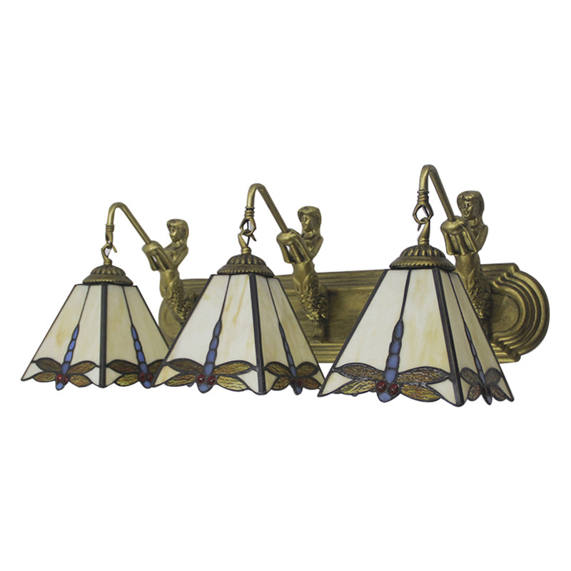 Tiffany Dragonfly Sconce Lighting 3 Heads Beige Glass Wall Mount Light with Mermaid Backplate Clearhalo 'Industrial' 'Middle century wall lights' 'Tiffany wall lights' 'Tiffany' 'Wall Lamps & Sconces' 'Wall Lights' Lighting' 180237