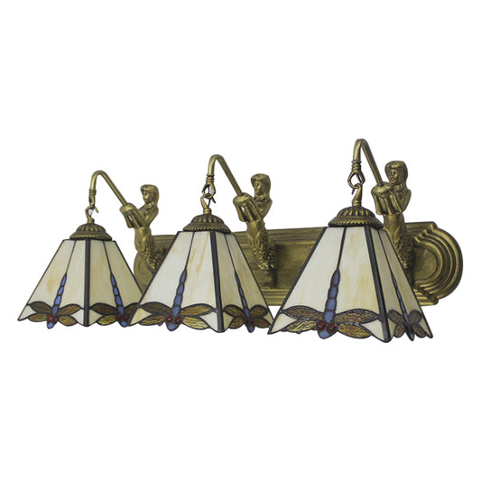 Tiffany Dragonfly Sconce Lighting 3 Heads Beige Glass Wall Mount Light with Mermaid Backplate Clearhalo 'Industrial' 'Middle century wall lights' 'Tiffany wall lights' 'Tiffany' 'Wall Lamps & Sconces' 'Wall Lights' Lighting' 180237
