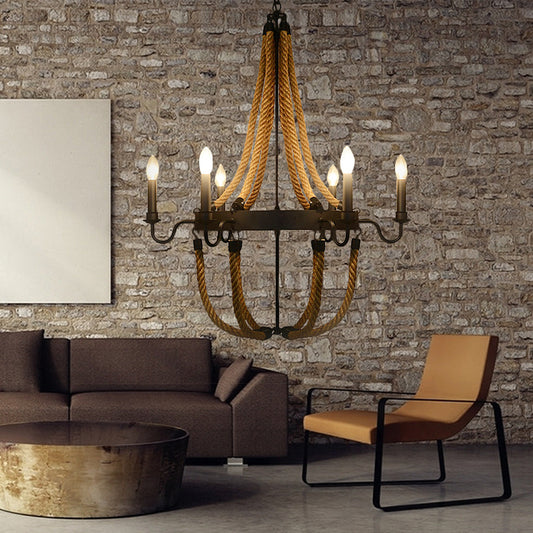 Metal Empire Chandelier Lamp Lodge Style 6/8 Lights Living Room Pendant Lighting with Rope Detail in Black 6 Black Clearhalo 'Ceiling Lights' 'Chandeliers' 'Industrial Chandeliers' 'Industrial' 'Middle Century Chandeliers' 'Tiffany' Lighting' 180243