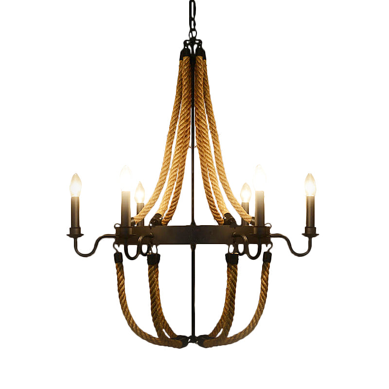 Metal Empire Chandelier Lamp Lodge Style 6/8 Lights Living Room Pendant Lighting with Rope Detail in Black Clearhalo 'Ceiling Lights' 'Chandeliers' 'Industrial Chandeliers' 'Industrial' 'Middle Century Chandeliers' 'Tiffany' Lighting' 180245