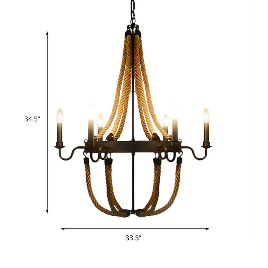 Metal Empire Chandelier Lamp Lodge Style 6/8 Lights Living Room Pendant Lighting with Rope Detail in Black Clearhalo 'Ceiling Lights' 'Chandeliers' 'Industrial Chandeliers' 'Industrial' 'Middle Century Chandeliers' 'Tiffany' Lighting' 180246