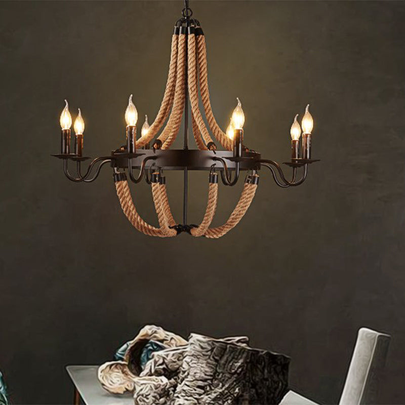 Metal Empire Chandelier Lamp Lodge Style 6/8 Lights Living Room Pendant Lighting with Rope Detail in Black 8 Black Clearhalo 'Ceiling Lights' 'Chandeliers' 'Industrial Chandeliers' 'Industrial' 'Middle Century Chandeliers' 'Tiffany' Lighting' 180247
