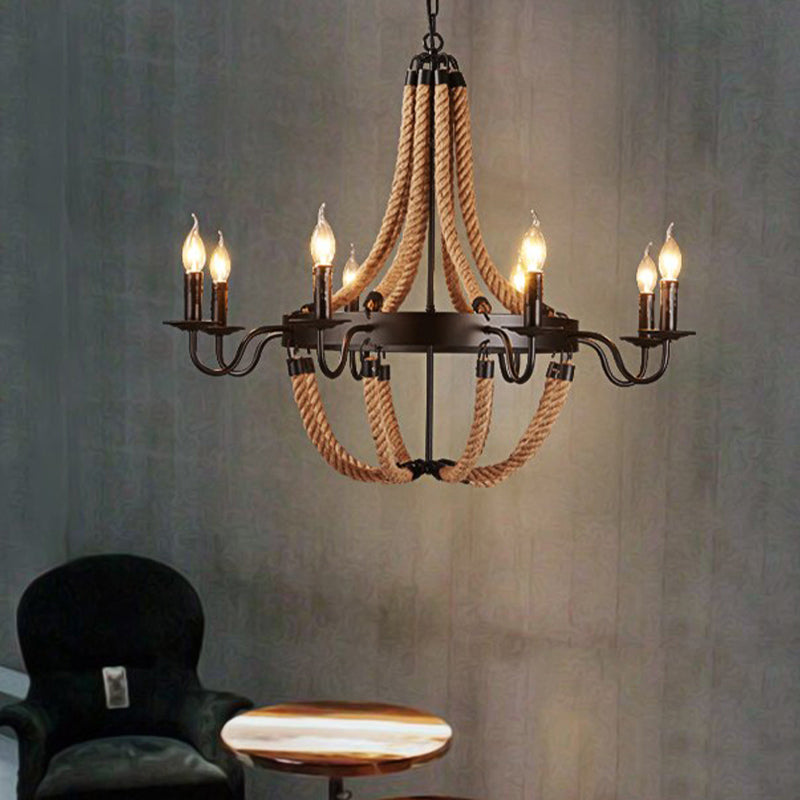 Metal Empire Chandelier Lamp Lodge Style 6/8 Lights Living Room Pendant Lighting with Rope Detail in Black Clearhalo 'Ceiling Lights' 'Chandeliers' 'Industrial Chandeliers' 'Industrial' 'Middle Century Chandeliers' 'Tiffany' Lighting' 180248