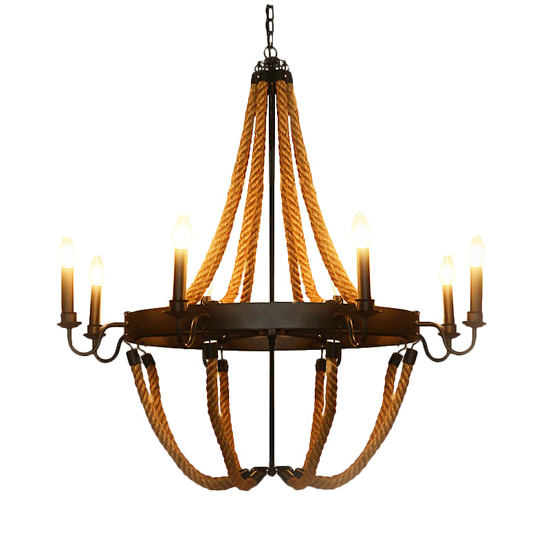 Metal Empire Chandelier Lamp Lodge Style 6/8 Lights Living Room Pendant Lighting with Rope Detail in Black Clearhalo 'Ceiling Lights' 'Chandeliers' 'Industrial Chandeliers' 'Industrial' 'Middle Century Chandeliers' 'Tiffany' Lighting' 180249