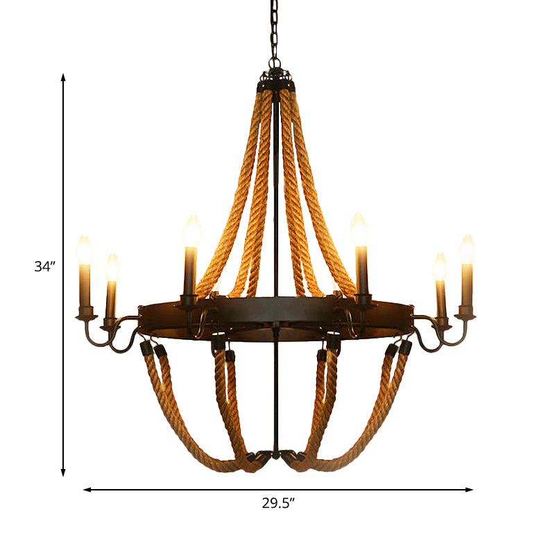 Metal Empire Chandelier Lamp Lodge Style 6/8 Lights Living Room Pendant Lighting with Rope Detail in Black Clearhalo 'Ceiling Lights' 'Chandeliers' 'Industrial Chandeliers' 'Industrial' 'Middle Century Chandeliers' 'Tiffany' Lighting' 180250