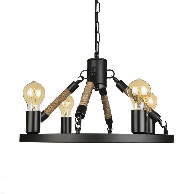4 Heads Wrought Iron Chandelier Light Industrial Black Ring Indoor Pendant Lighting with Open Bulb and Chain Clearhalo 'Ceiling Lights' 'Chandeliers' 'Industrial Chandeliers' 'Industrial' 'Middle Century Chandeliers' 'Tiffany' Lighting' 180257